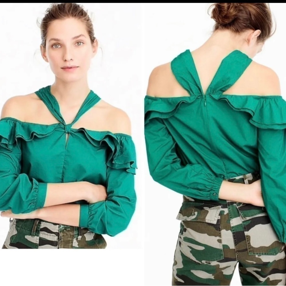 NWT J Crew Womens Sz 6 Kelly Green Ruffled Off the Shoulder Top Blouse s Ruffled